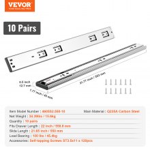 VEVOR Drawer Slides Side Mount Rails, Soft-Close10 Pairs 22 Inch, Heavy Duty Full Extension Steel Track, Noiseless Guide Glides Cabinet Kitchen Runners with Ball Bearing, 100 Lbs Load Capacity
