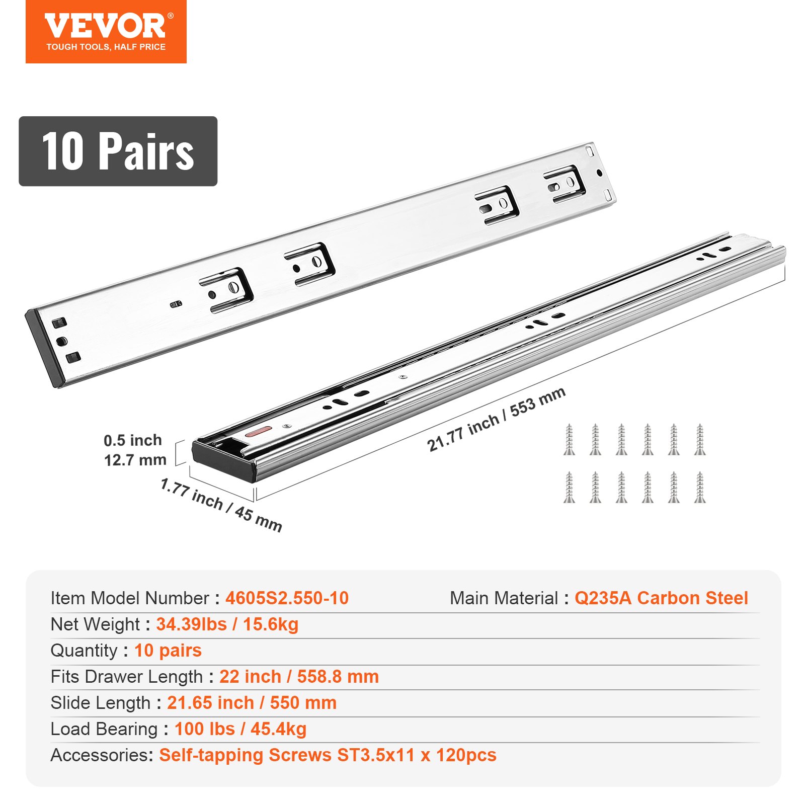 VEVOR 10 Pairs of 22 Inch Drawer Slides Side Mount Rails, Heavy Duty Full Extension Steel Track, Soft-Close Noiseless Guide Glides Cabinet Kitchen Runners with Ball Bearing, 100 Lbs Load Capacity