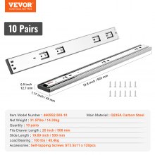 VEVOR 10 Pairs of 20 Inch Drawer Slides Side Mount Rails, Heavy Duty Full Extension Steel Track, Soft-Close Noiseless Guide Glides Cabinet Kitchen Runners with Ball Bearing, 100 Lbs Load Capacity