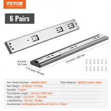 VEVOR 6 Pairs of 14 Inch Drawer Slides Side Mount Rails, Heavy Duty Full Extension Steel Track, Soft-Close Noiseless Guide Glides Cabinet Kitchen Runners with Ball Bearing, 100 Lbs Load Capacity