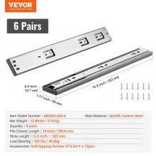 VEVOR 6 Pairs of 355.6mm Drawer Slides Side Mount Rails, Heavy Duty Full Extension Steel Track, Soft-Close Noiseless Guide Glides Cabinet Kitchen Runners with Ball Bearing, 100 Lbs Load Capacity
