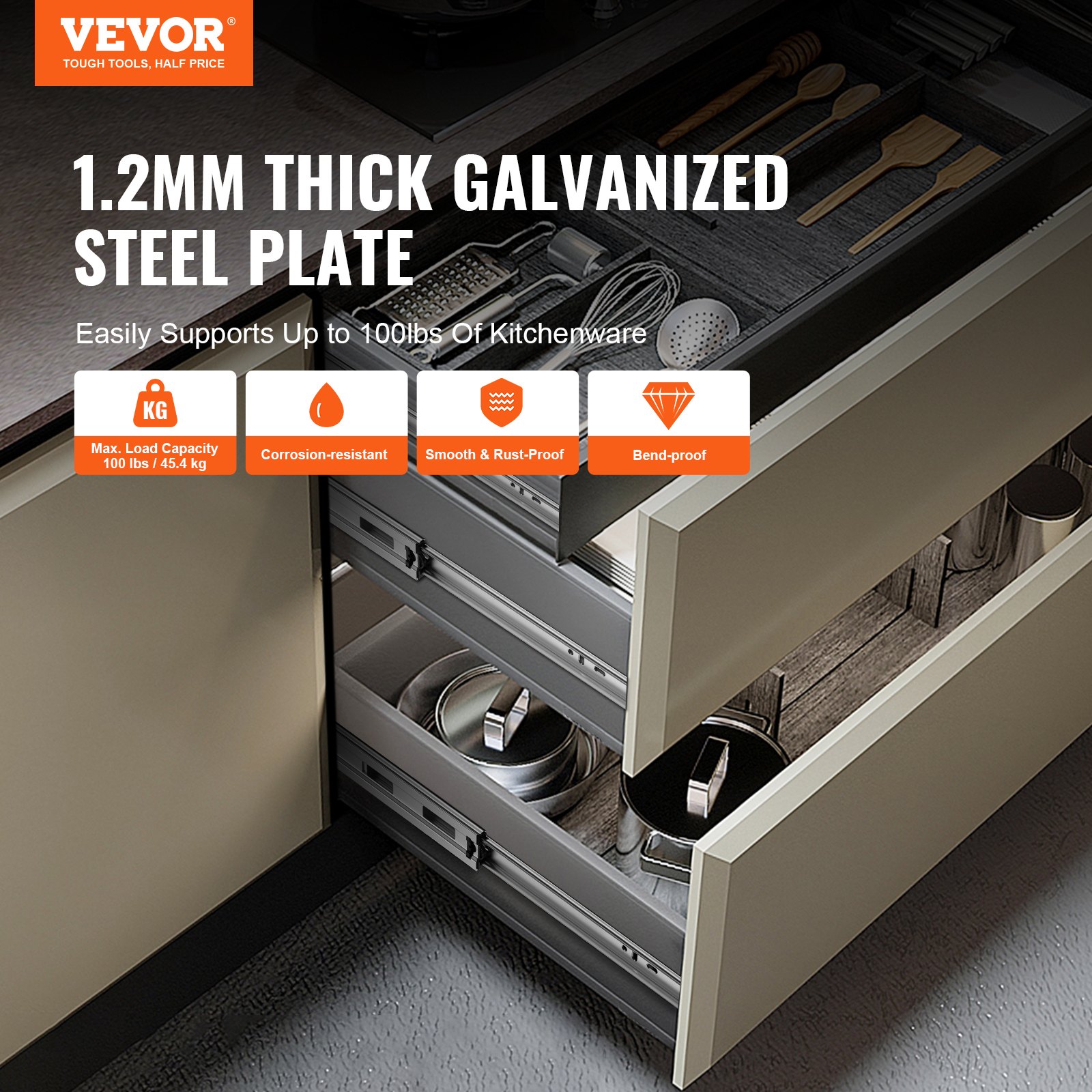 VEVOR 10 Pairs of 14 Inch Drawer Slides Side Mount Rails, Heavy Duty Full Extension Steel Track, Soft-Close Noiseless Guide Glides Cabinet Kitchen Runners with Ball Bearing, 100 Lbs Load Capacity