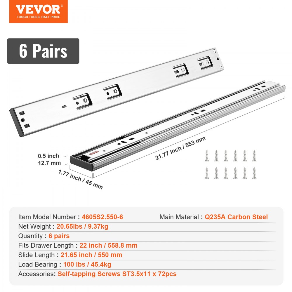 VEVOR 6 Pairs of 558.8mm Drawer Slides Side Mount Rails, Heavy Duty Full Extension Steel Track, Soft-Close Noiseless Guide Glides Cabinet Kitchen Runners with Ball Bearing, 100 Lbs Load Capacity