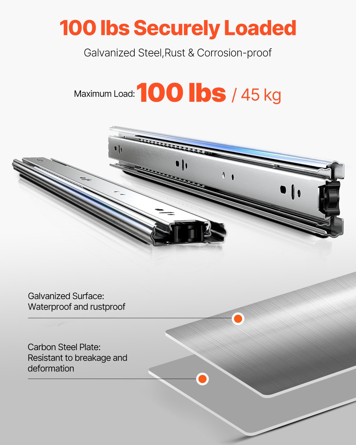 VEVOR Drawer Slides, 24 inch, 10 Pairs Full Extension Ball Bearing Cabinet Rails, 100 LB Load Capacity Heavy Duty Side Mount Dresser Drawer Slides, Drawer Track Runners for Kitchen DIY Replacement