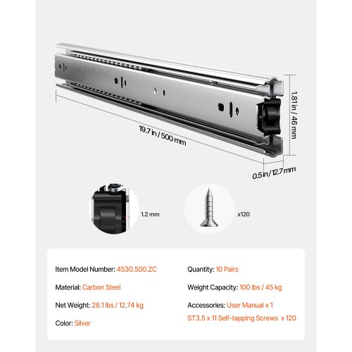 VEVOR Drawer Slides, 20 inch, 10 Pairs Full Extension Ball Bearing Cabinet Rails, 100 LB Load Capacity Heavy Duty Side Mount Dresser Drawer Slides, Drawer Track Runners for Kitchen DIY Replacement | VEVOR EU VEVOR Drawer Slides, 20 inch, 10 Pairs Full Extension Ball Bearing Cabinet Rails, 100 LB Load Capacity Heavy Duty Side Mount Dresser Drawer Slides, Drawer Track Runners for Kitchen DIY Replacement | VEVOR EU
