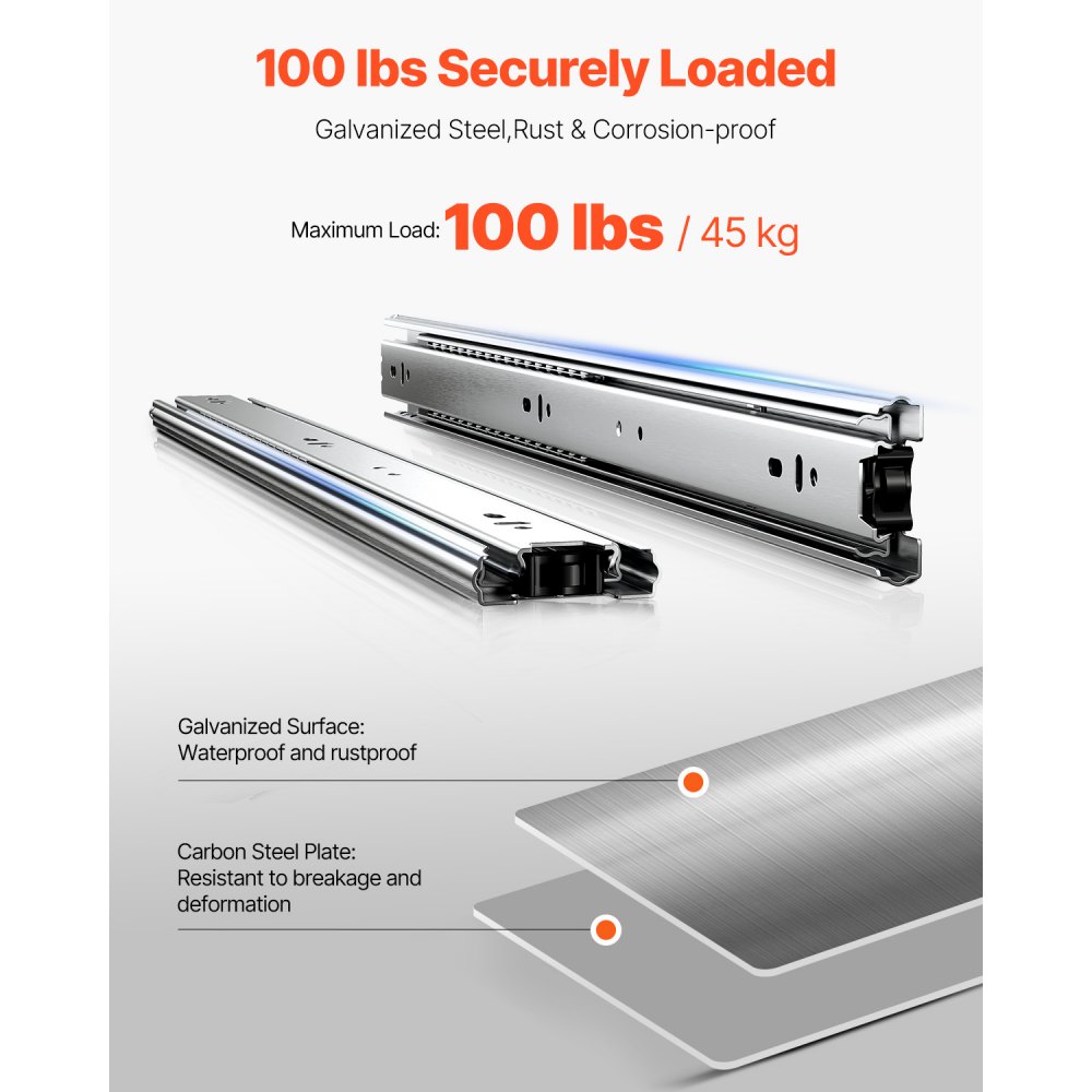 VEVOR Drawer Slides, 20 inch, 10 Pairs Full Extension Ball Bearing Cabinet Rails, 100 LB Load Capacity Heavy Duty Side Mount Dresser Drawer Slides, Drawer Track Runners for Kitchen DIY Replacement