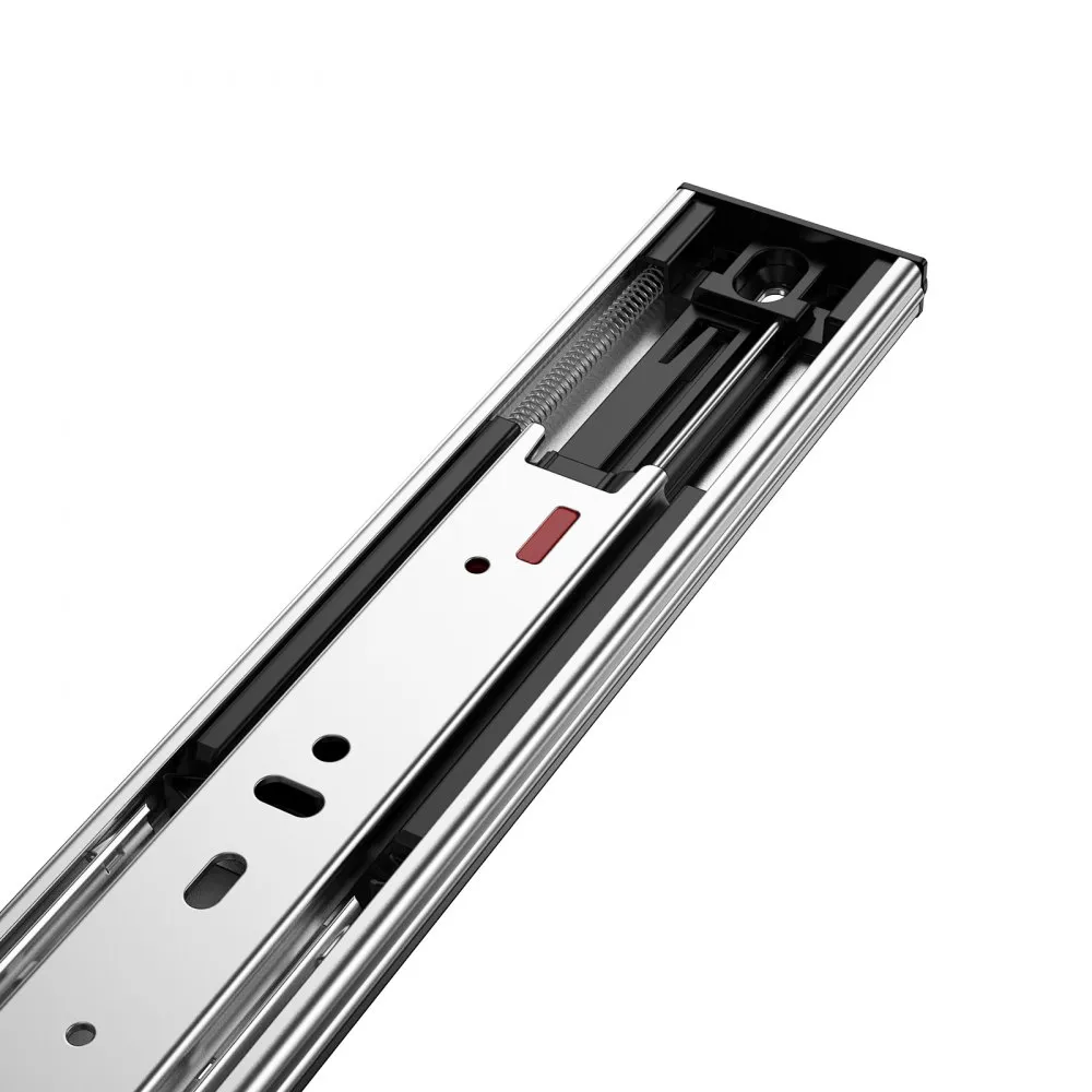 close-up view of a VEVOR drawer slide with a polished metallic finish and detailed spring mechanism.