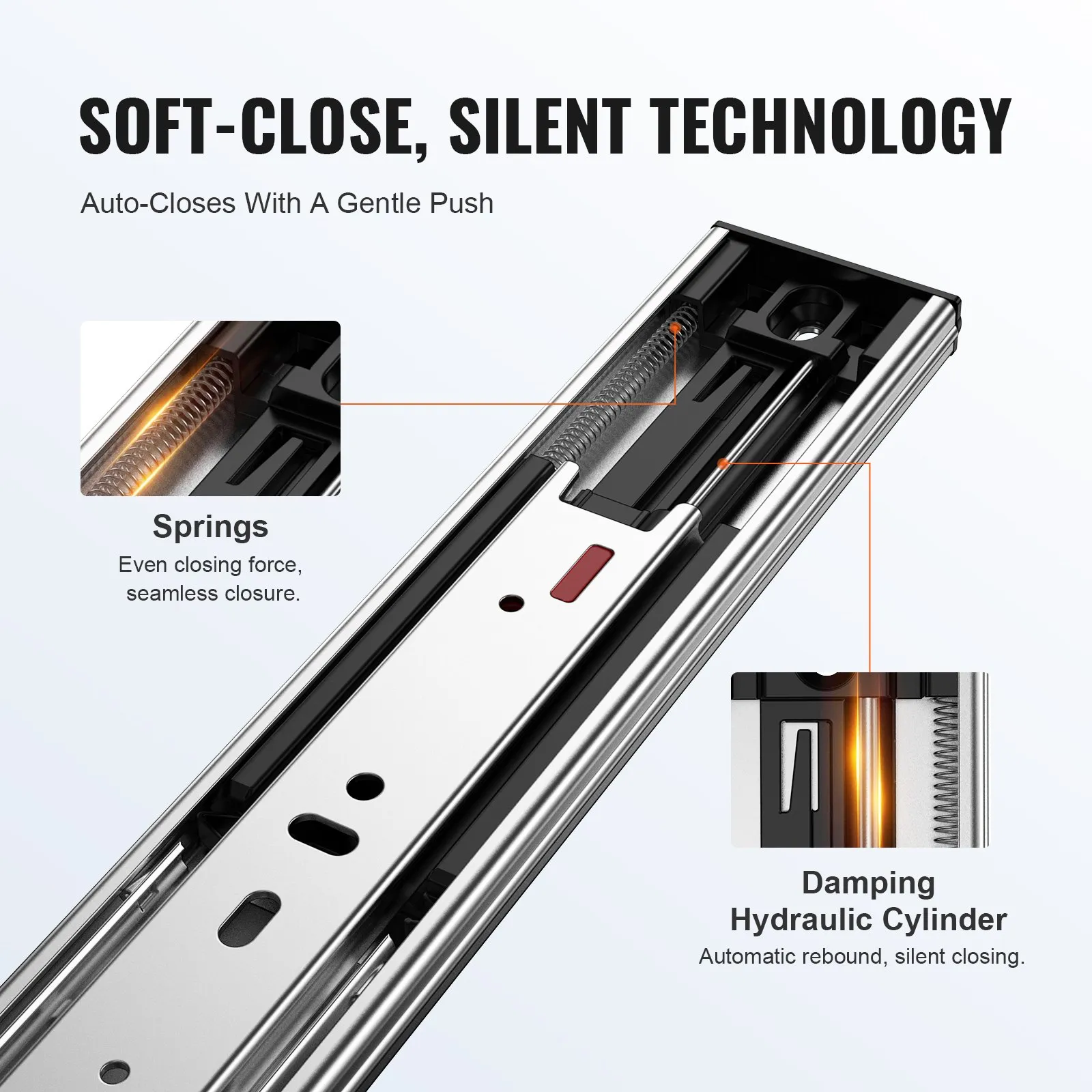 VEVOR drawer slides with soft-close, silent technology, featuring springs and a damping hydraulic cylinder.