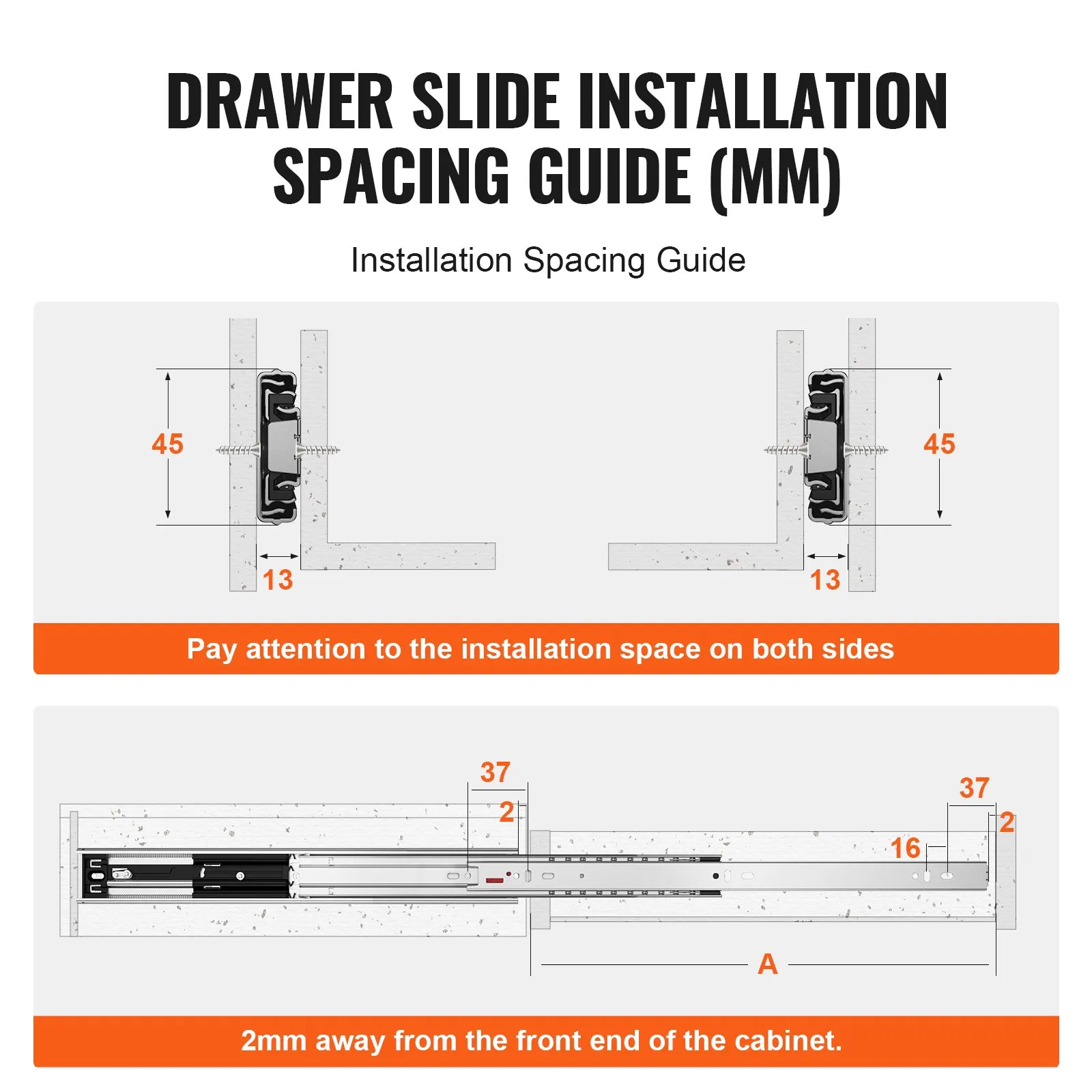drawer slide installation spacing guide (mm) with measurements for VEVOR drawer slides.