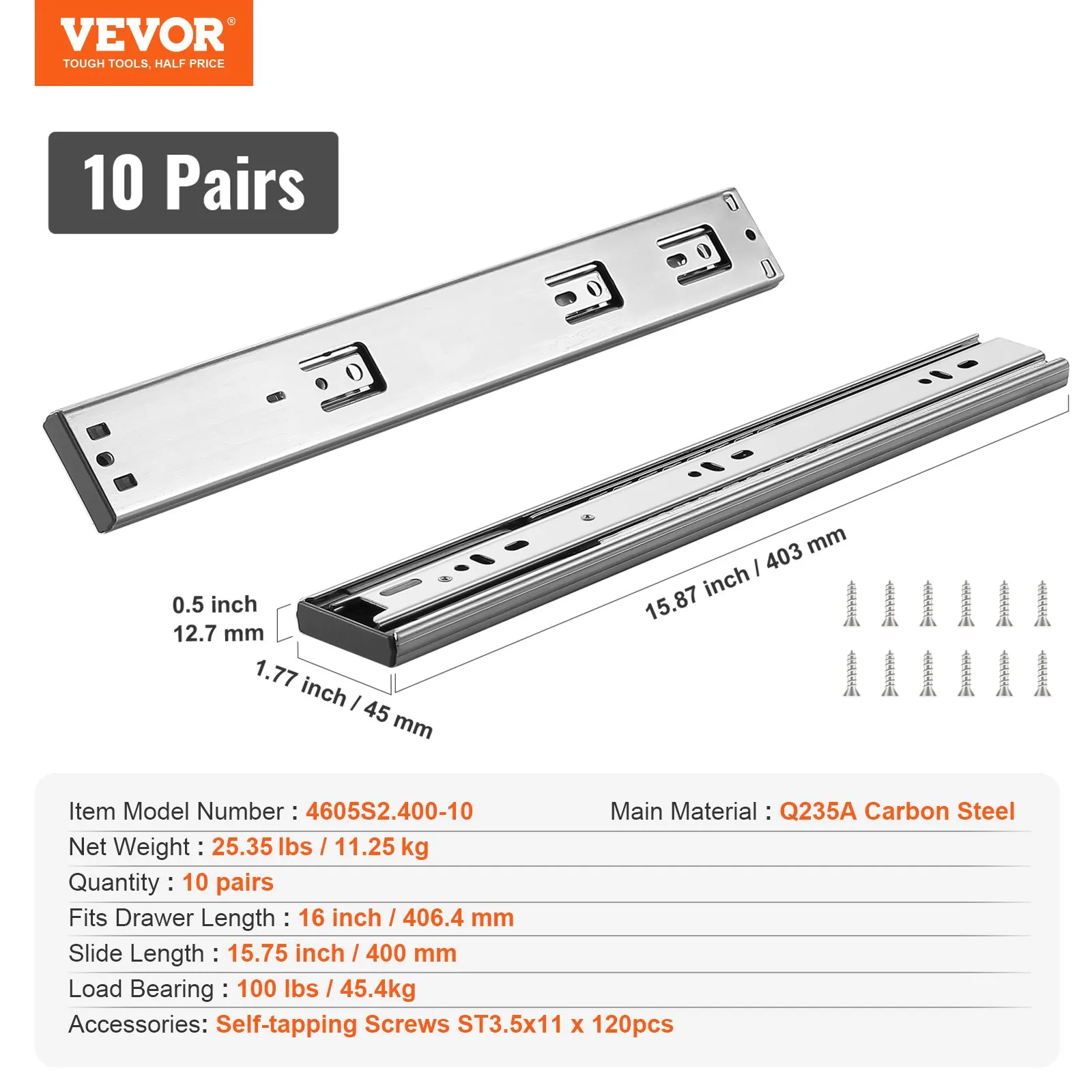 VEVOR drawer slides, 10 pairs, 16-inch length, q235a carbon steel, 100 lbs load capacity, includes screws.