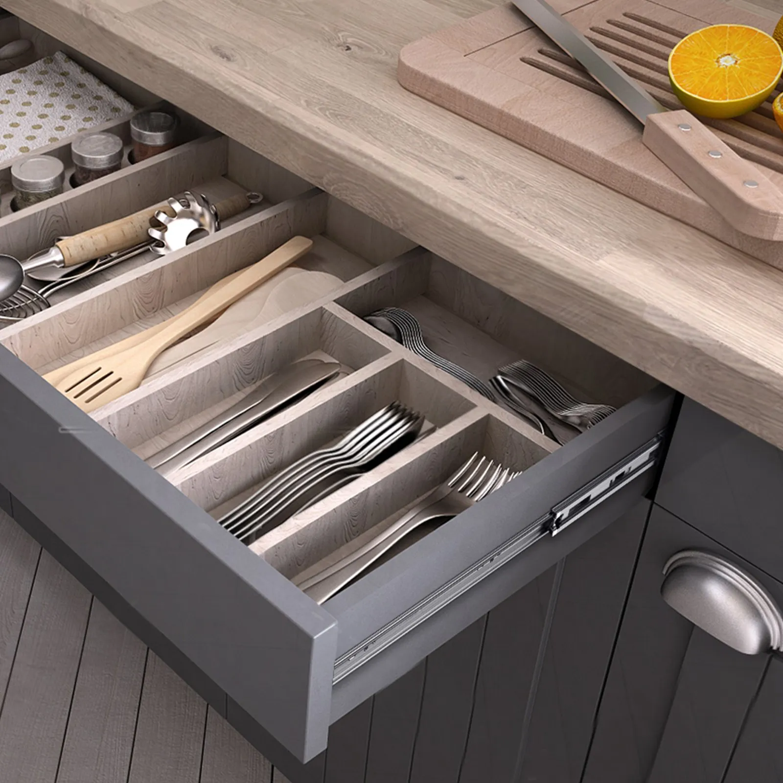 open kitchen drawer with organizer, cutlery, utensils, and VEVOR drawer slides, next to a wooden countertop.