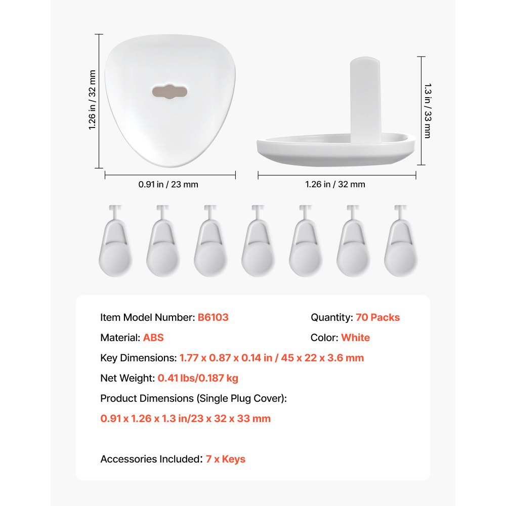 VEVOR Outlet Covers, 70 Pack, Plug Covers for Electrical Outlets, Secure Electric Socket Protector Caps with Shock Prevention, Easy Installation, Insulated ABS, for Home Wall Power Sockets, White