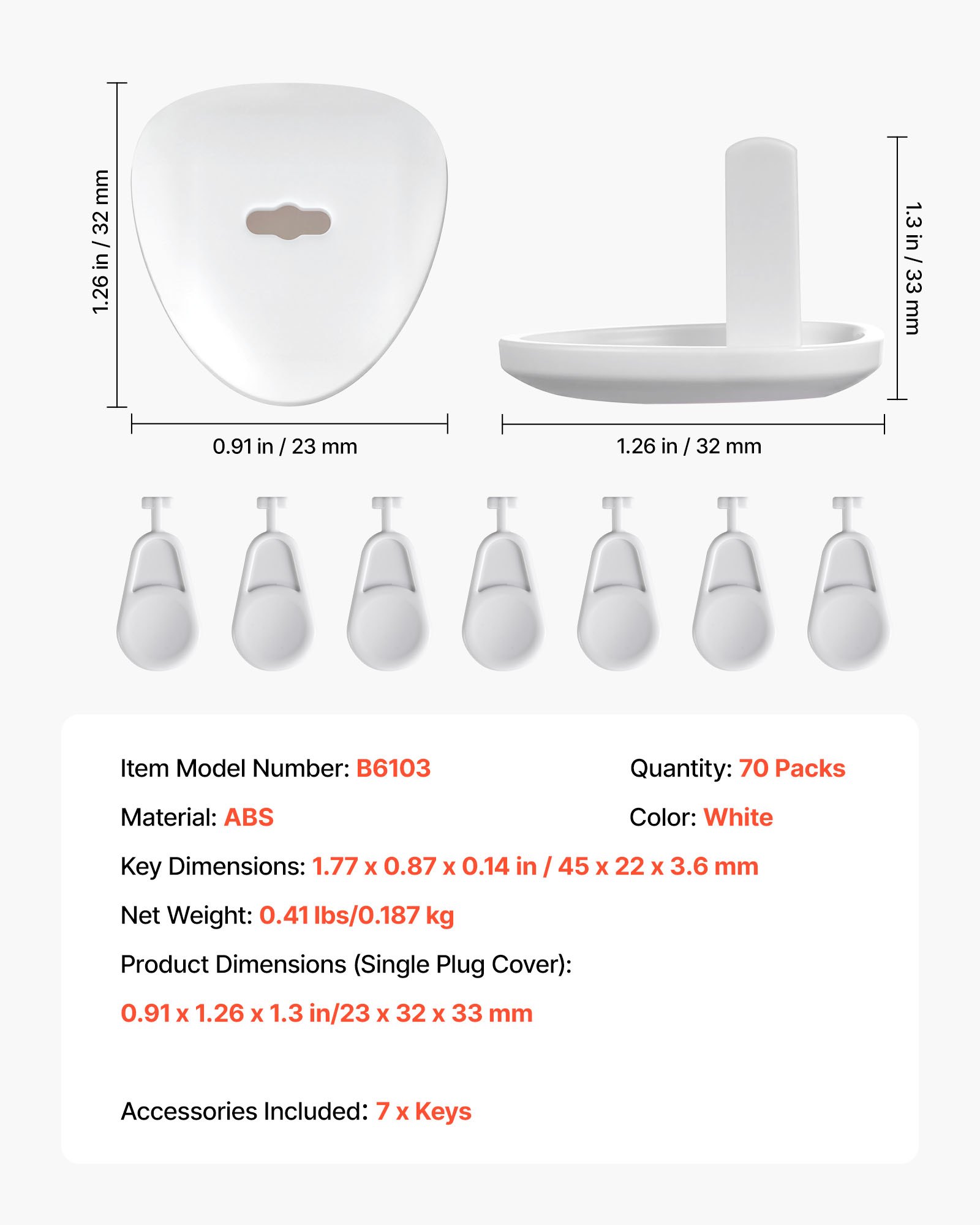 VEVOR Outlet Covers, 70 Pack, Plug Covers for Electrical Outlets, Secure Electric Socket Protector Caps with Shock Prevention, Easy Installation, Insulated ABS, for Home Wall Power Sockets, White