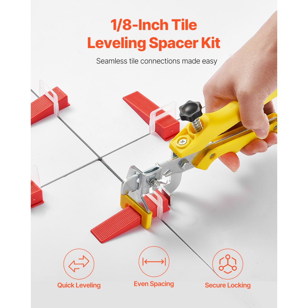 VEVOR Tile Leveling System, 1/8 Inch(3 mm) with 1pc Tile Plier, 700 PCS DIY Tile Leveler Spacers Clips and 200 PCS Reusable Wedges, Tile Tools Set for Professional Ceramic Tile and Stone Installation