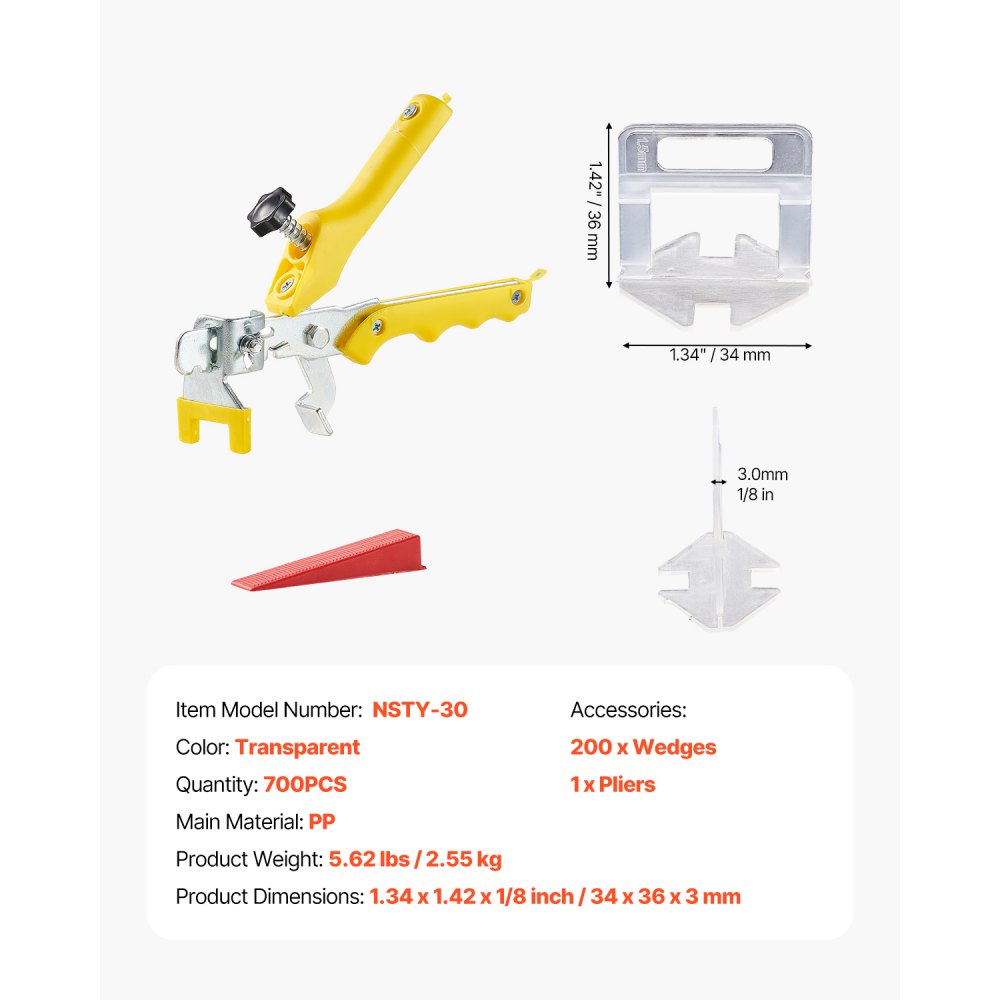 VEVOR Tile Leveling System, 1/8 Inch(3 mm) with 1pc Tile Plier, 700 PCS DIY Tile Leveler Spacers Clips and 200 PCS Reusable Wedges, Tile Tools Set for Professional Ceramic Tile and Stone Installation