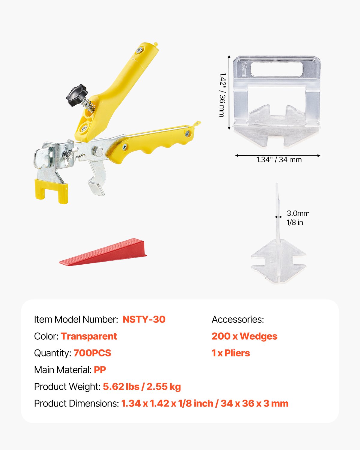 VEVOR Tile Leveling System, 1/8 Inch(3 mm) with 1pc Tile Plier, 700 PCS DIY Tile Leveler Spacers Clips and 200 PCS Reusable Wedges, Tile Tools Set for Professional Ceramic Tile and Stone Installation