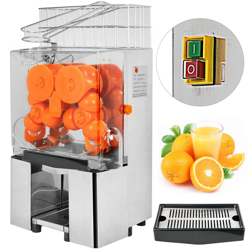 VEVOR commercial juicer with sliced oranges, juicing mechanism, and control buttons.