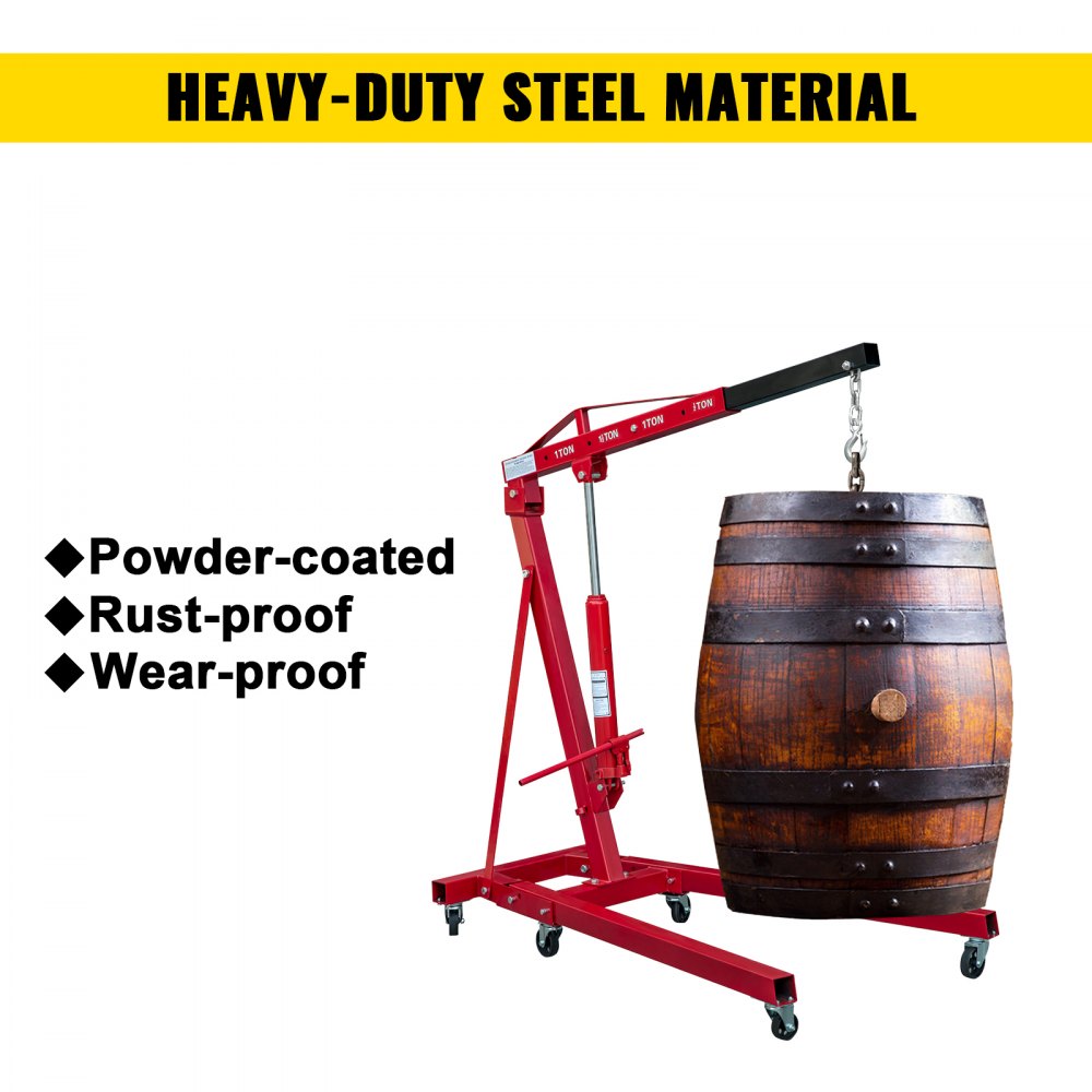 VEVOR Folding Engine Crane, 2200lbs Lifting Capacity Shop Crane, 1-Ton Hydraulic Engine Hoist, Cherry Picker With Telescopic Boom And Legs, Heavy Duty Steel Folding Shop Crane, Manual Engine Crane