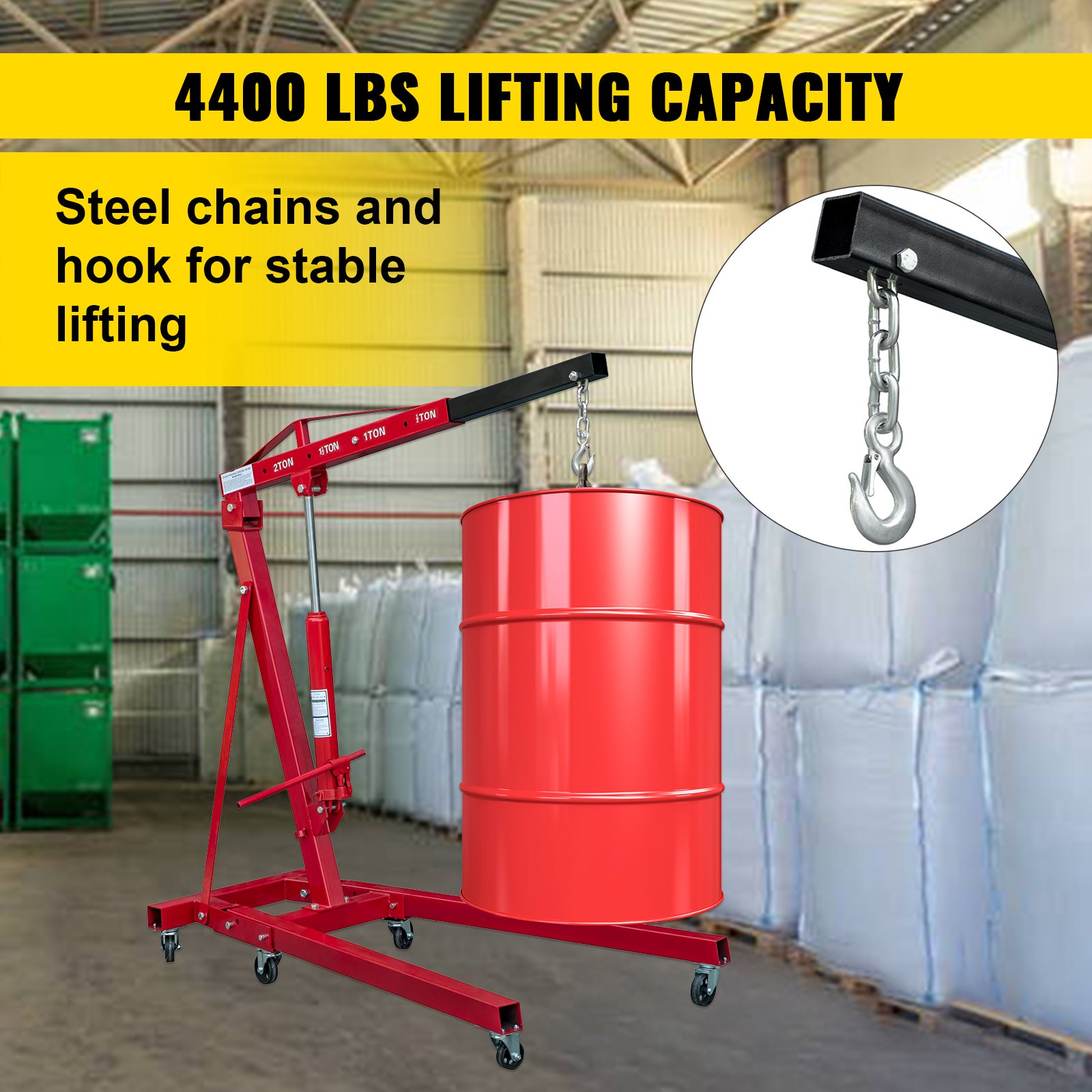 VEVOR Folding Engine Crane, 4400lbs Lifting Capacity Shop Crane, 2-Ton Hydraulic Engine Hoist, Cherry Picker With Telescopic Boom And Legs, Heavy Duty Steel Folding Shop Crane, Manual Engine Crane