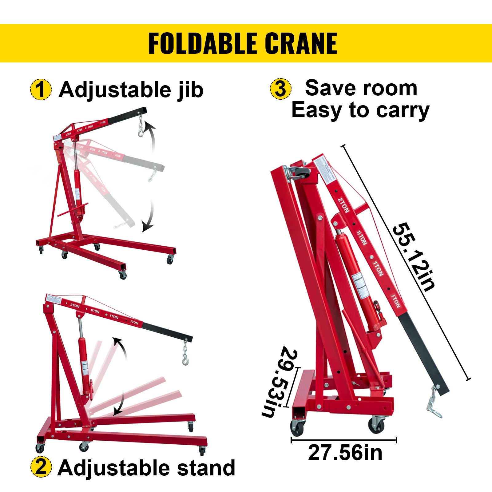 VEVOR Folding Engine Crane, 4400lbs Lifting Capacity Shop Crane, 2-Ton Hydraulic Engine Hoist, Cherry Picker With Telescopic Boom And Legs, Heavy Duty Steel Folding Shop Crane, Manual Engine Crane