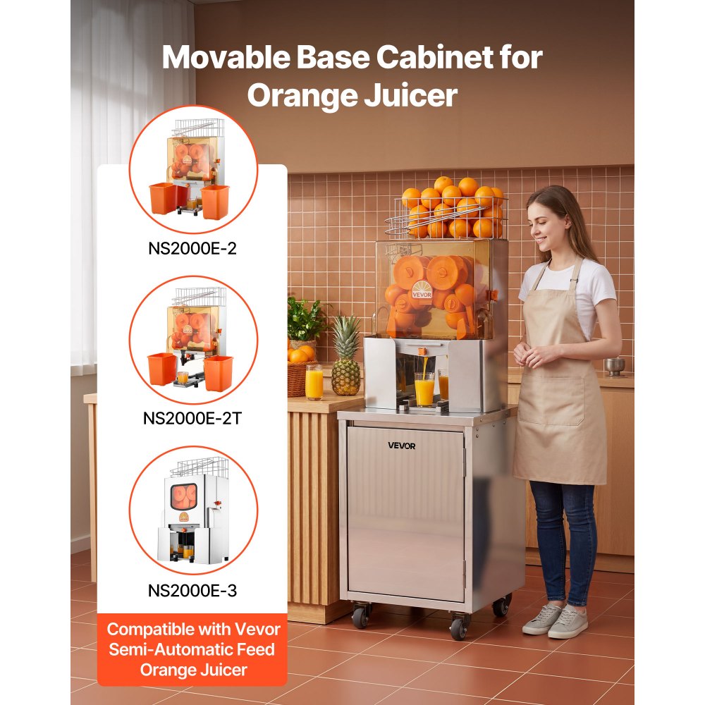 VEVOR Movable Base Cabinet for Orange Juicer, Thickened Stainless Steel, 4 Swivel Casters, Compatible with VEVOR NS2000E-2\NS2000E-2T\NS2000E-3 Semi-Automatic Feed Orange Juicer, Easy Installation