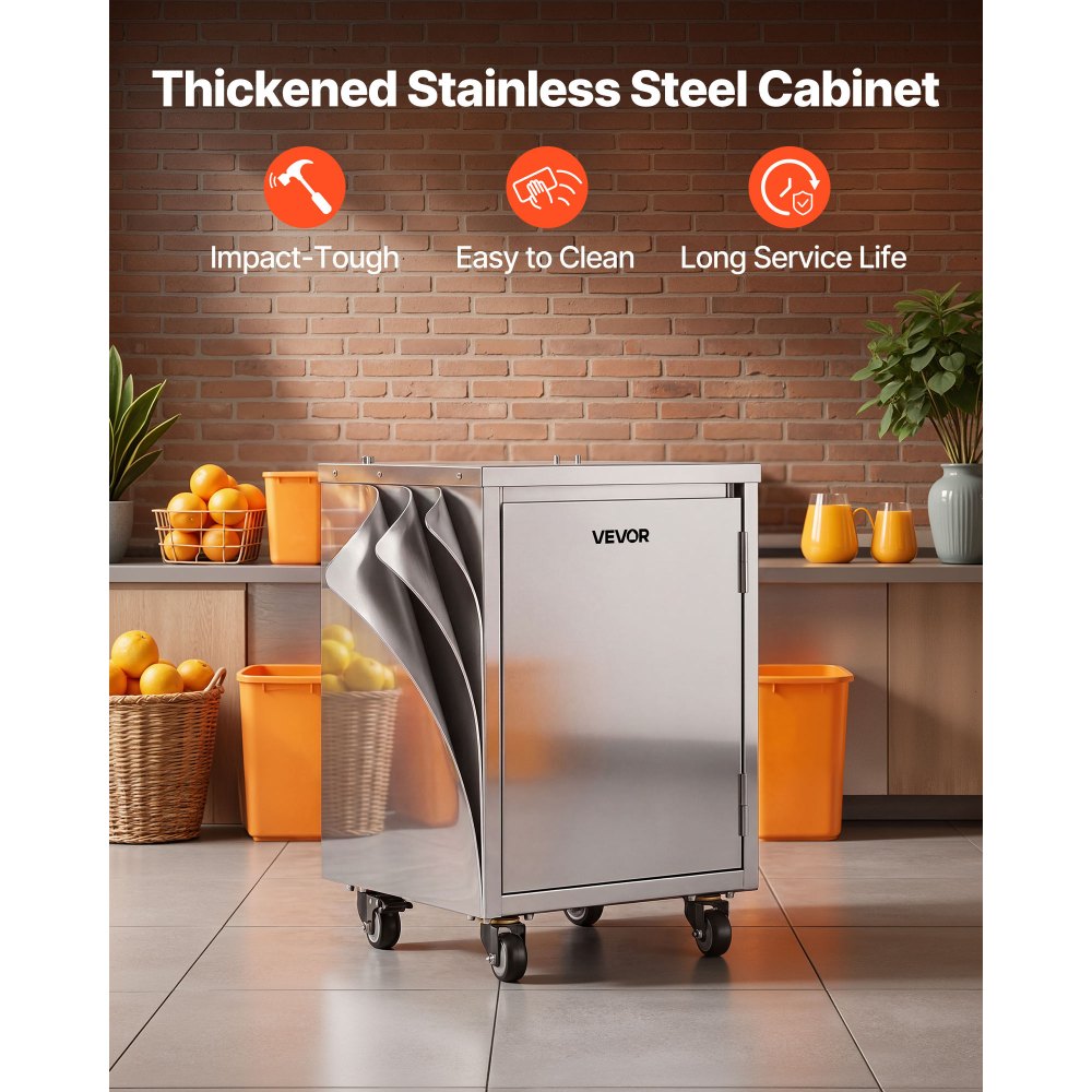 VEVOR Movable Base Cabinet for Orange Juicer, Thickened Stainless Steel, 4 Swivel Casters, Compatible with VEVOR NS2000E-2\NS2000E-2T\NS2000E-3 Semi-Automatic Feed Orange Juicer, Easy Installation