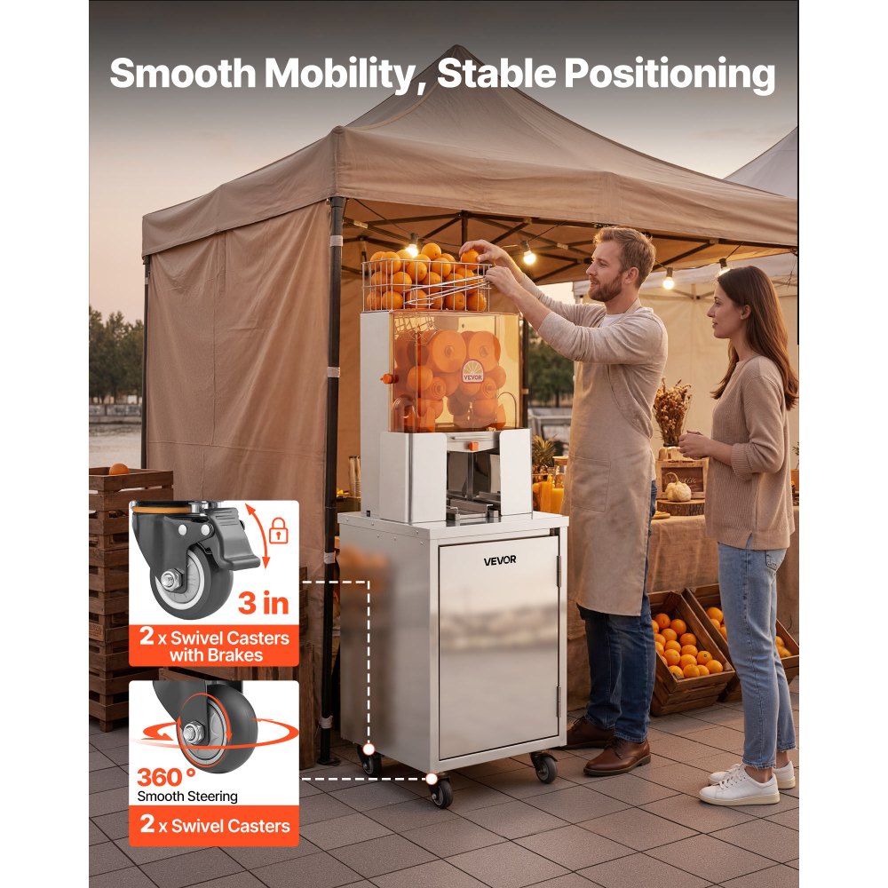 VEVOR Movable Base Cabinet for Orange Juicer, Thickened Stainless Steel, 4 Swivel Casters, Compatible with VEVOR NS2000E-2\NS2000E-2T\NS2000E-3 Semi-Automatic Feed Orange Juicer, Easy Installation
