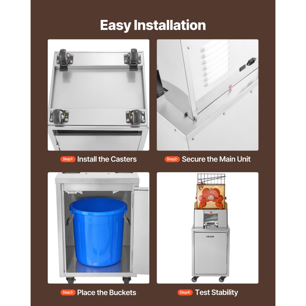 VEVOR Movable Base Cabinet for Orange Juicer, Thickened Stainless Steel, 4 Swivel Casters, Compatible with VEVOR NS2000E-2\NS2000E-2T\NS2000E-3 Semi-Automatic Feed Orange Juicer, Easy Installation