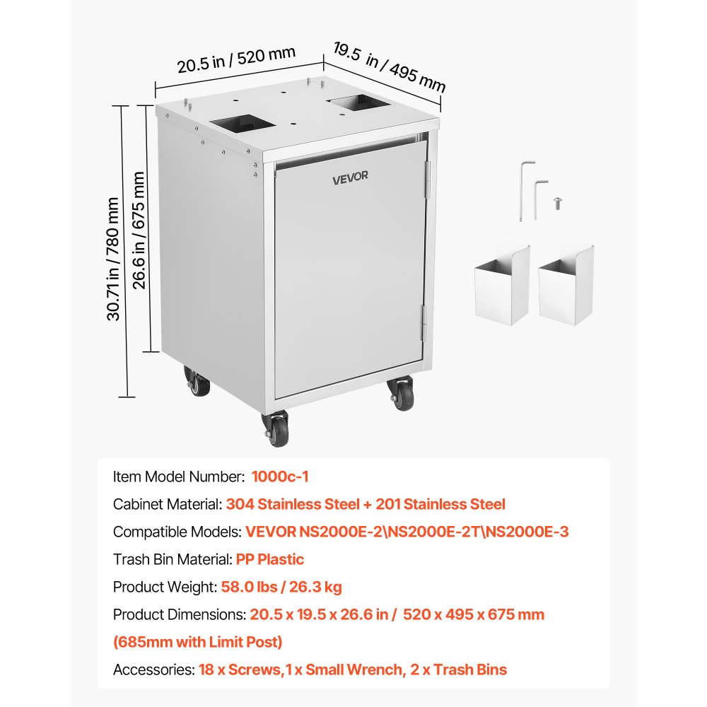 VEVOR Movable Base Cabinet for Orange Juicer, Thickened Stainless Steel, 4 Swivel Casters, Compatible with VEVOR NS2000E-2\NS2000E-2T\NS2000E-3 Semi-Automatic Feed Orange Juicer, Easy Installation