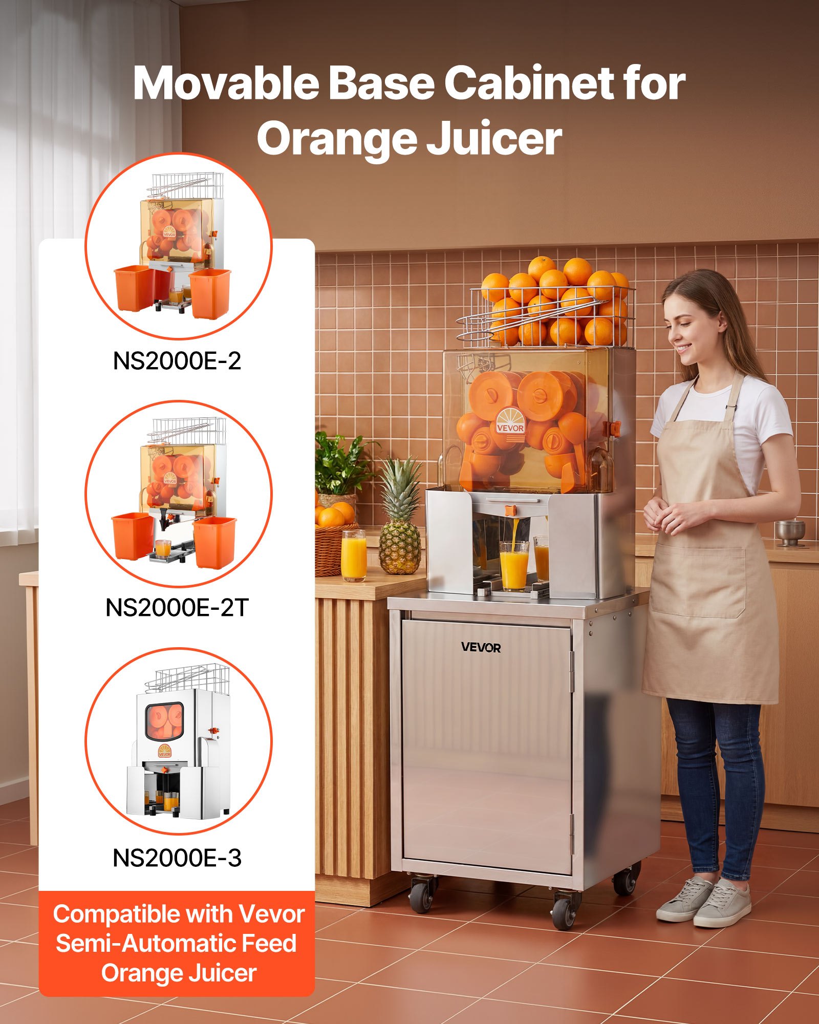 VEVOR Movable Base Cabinet for Orange Juicer, Thickened Stainless Steel, 4 Swivel Casters, Compatible with VEVOR NS2000E-2\NS2000E-2T\NS2000E-3 Semi-Automatic Feed Orange Juicer, Easy Installation
