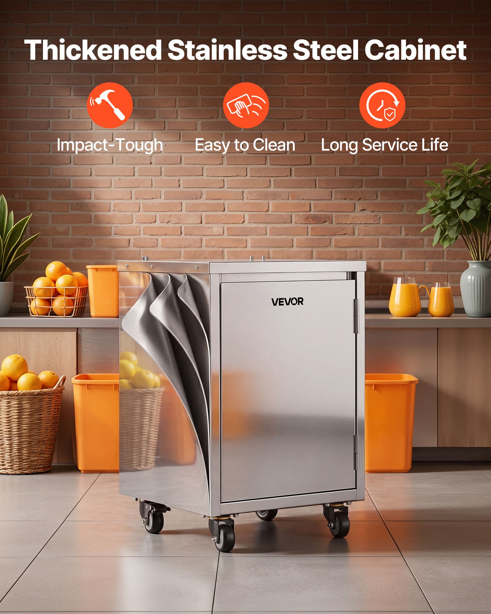 VEVOR Movable Base Cabinet for Orange Juicer, Thickened Stainless Steel, 4 Swivel Casters, Compatible with VEVOR NS2000E-2\NS2000E-2T\NS2000E-3 Semi-Automatic Feed Orange Juicer, Easy Installation