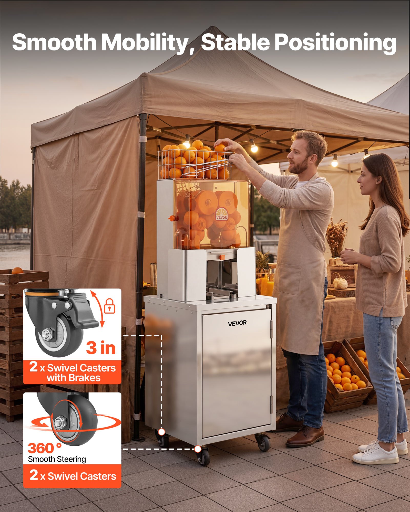 VEVOR Movable Base Cabinet for Orange Juicer, Thickened Stainless Steel, 4 Swivel Casters, Compatible with VEVOR NS2000E-2\NS2000E-2T\NS2000E-3 Semi-Automatic Feed Orange Juicer, Easy Installation