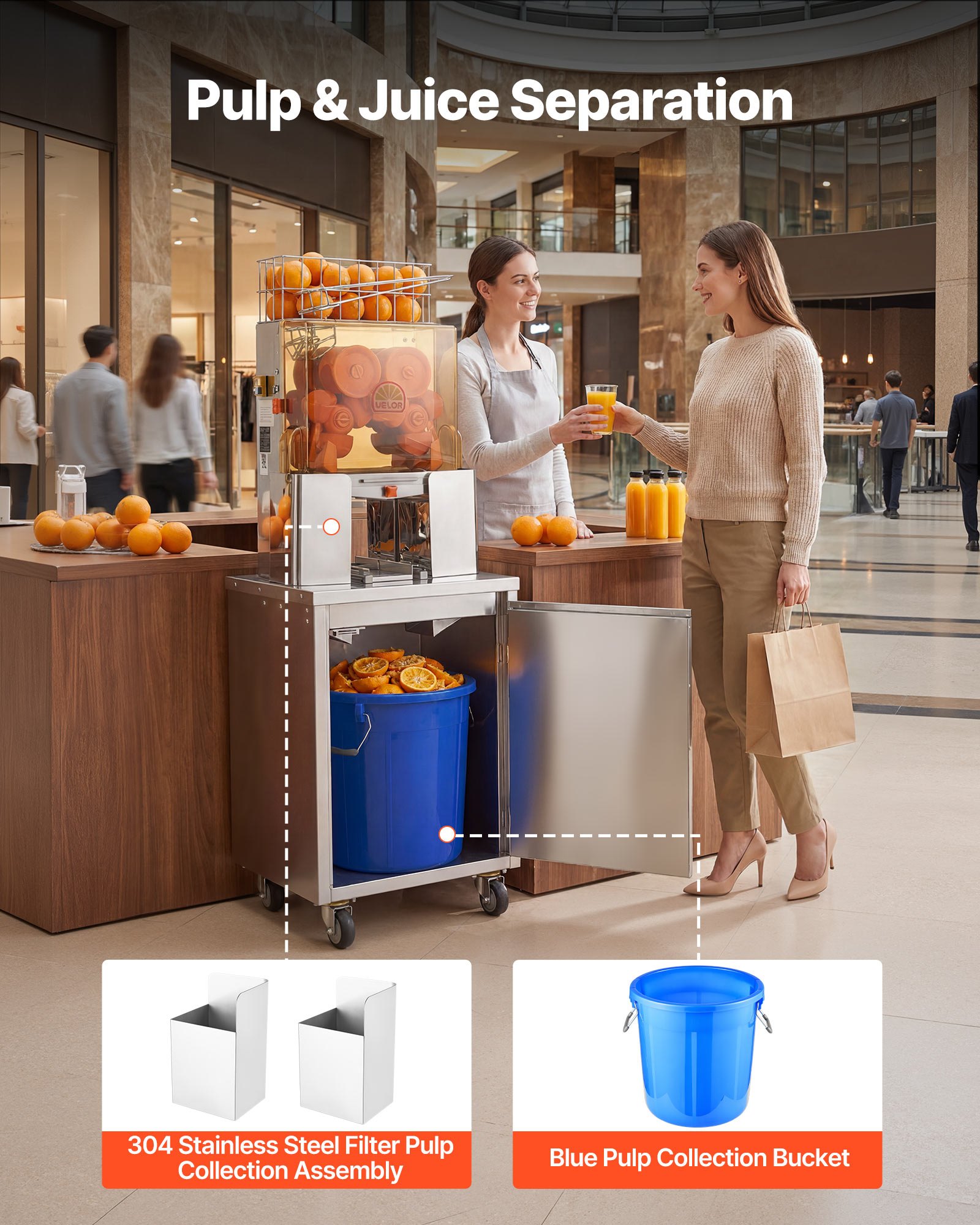 VEVOR Movable Base Cabinet for Orange Juicer, Thickened Stainless Steel, 4 Swivel Casters, Compatible with VEVOR NS2000E-2\NS2000E-2T\NS2000E-3 Semi-Automatic Feed Orange Juicer, Easy Installation