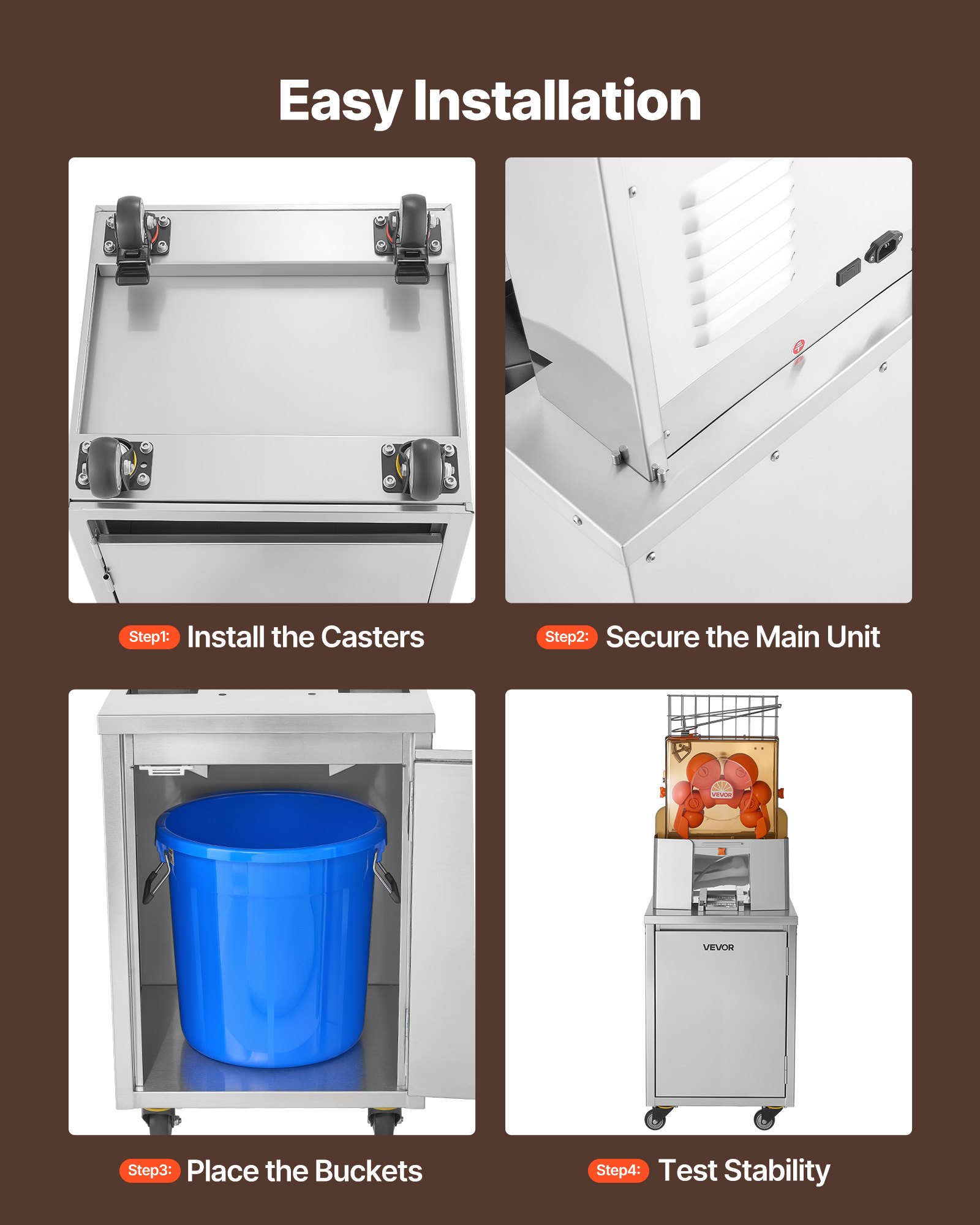VEVOR Movable Base Cabinet for Orange Juicer, Thickened Stainless Steel, 4 Swivel Casters, Compatible with VEVOR NS2000E-2\NS2000E-2T\NS2000E-3 Semi-Automatic Feed Orange Juicer, Easy Installation