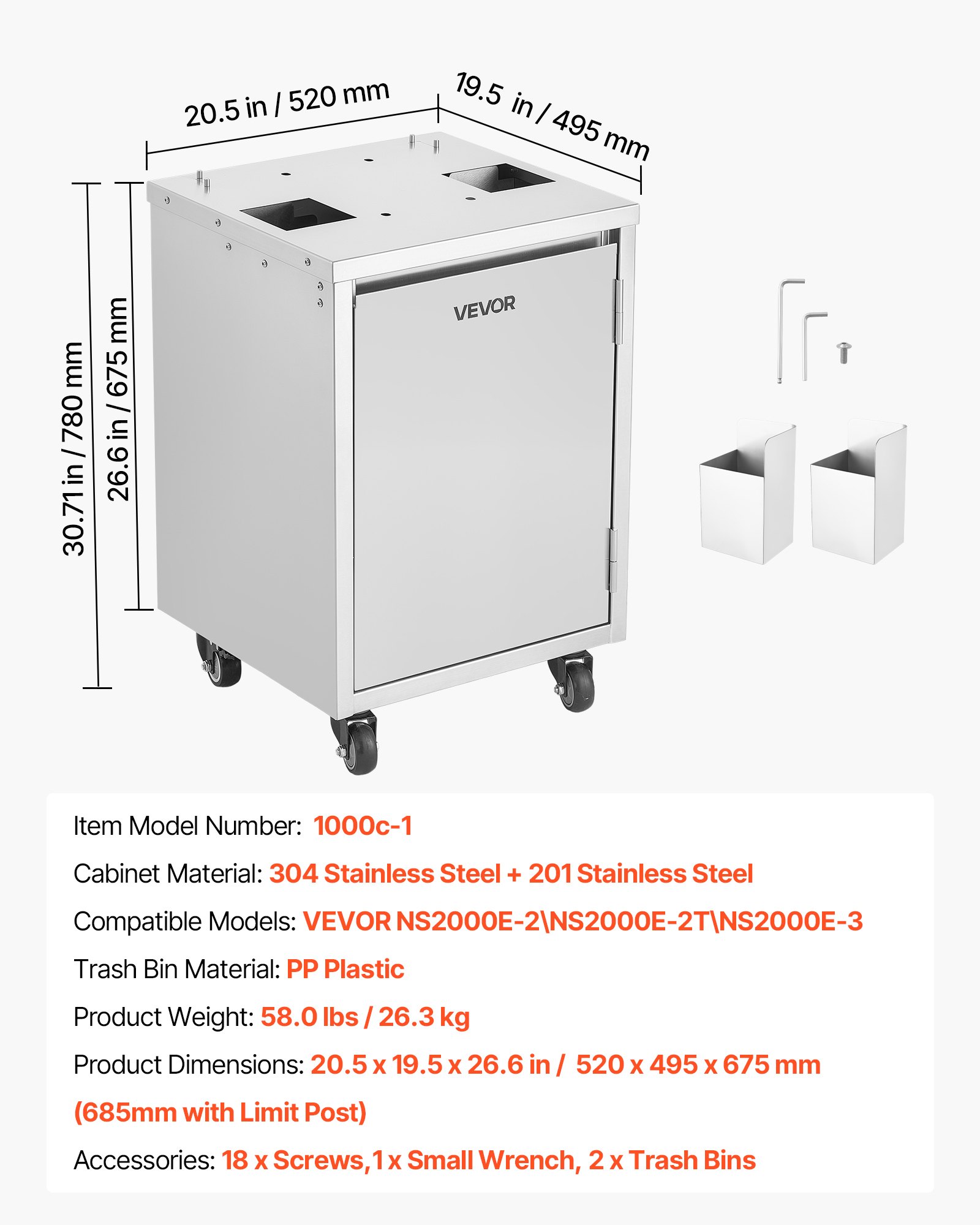 VEVOR Movable Base Cabinet for Orange Juicer, Thickened Stainless Steel, 4 Swivel Casters, Compatible with VEVOR NS2000E-2\NS2000E-2T\NS2000E-3 Semi-Automatic Feed Orange Juicer, Easy Installation