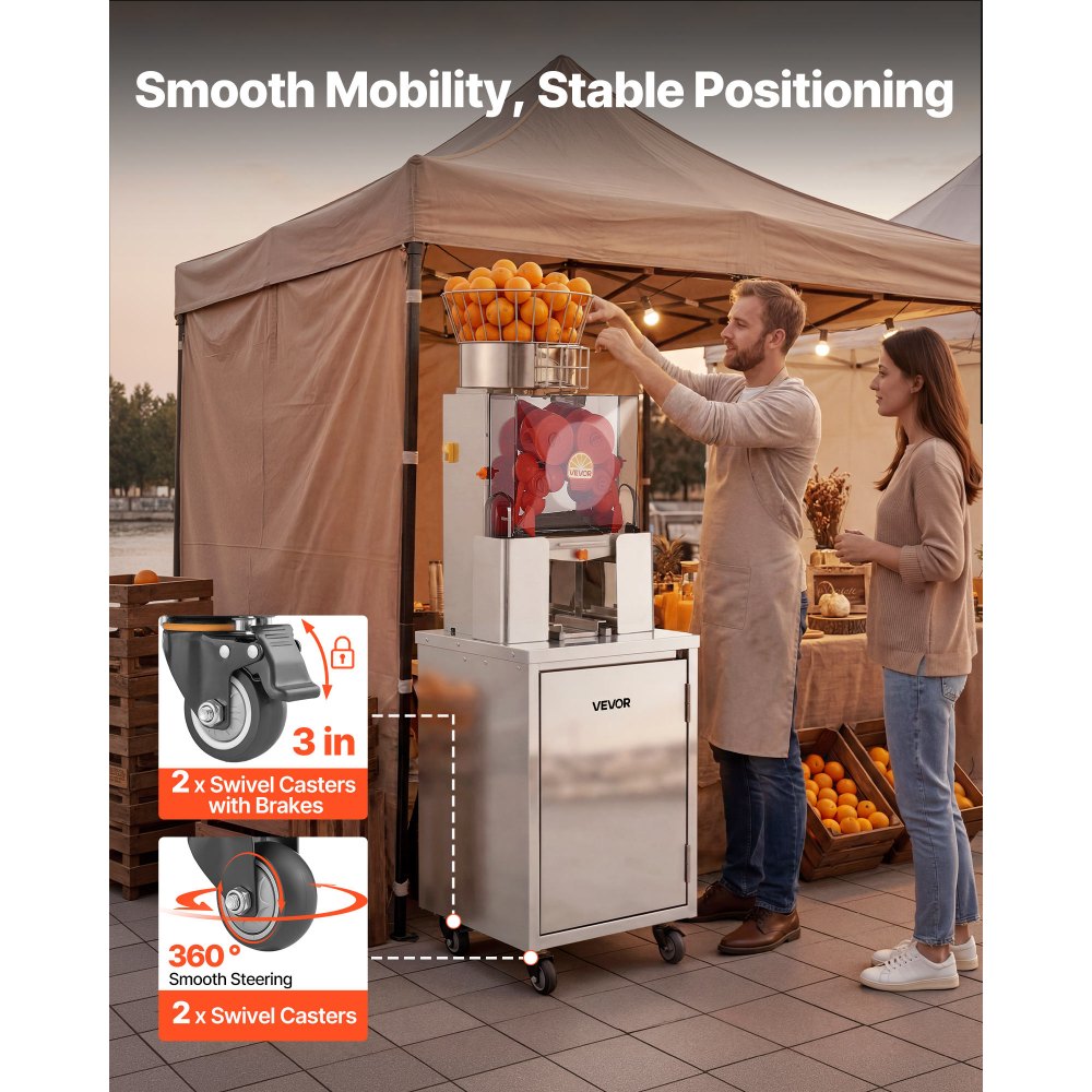 VEVOR Movable Base Cabinet for Orange Juicer, Thickened Stainless Steel Cabinet, 4 Swivel Casters, Compatible with VEVOR NS2000E-4\NS2000E-4P Fully Automatic Feed Orange Juicer, Easy Installation