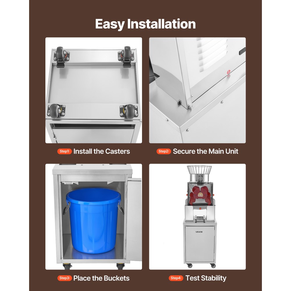 VEVOR Movable Base Cabinet for Orange Juicer, Thickened Stainless Steel Cabinet, 4 Swivel Casters, Compatible with VEVOR NS2000E-4\NS2000E-4P Fully Automatic Feed Orange Juicer, Easy Installation