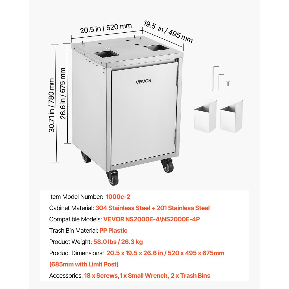VEVOR Movable Base Cabinet for Orange Juicer, Thickened Stainless Steel Cabinet, 4 Swivel Casters, Compatible with VEVOR NS2000E-4\NS2000E-4P Fully Automatic Feed Orange Juicer, Easy Installation