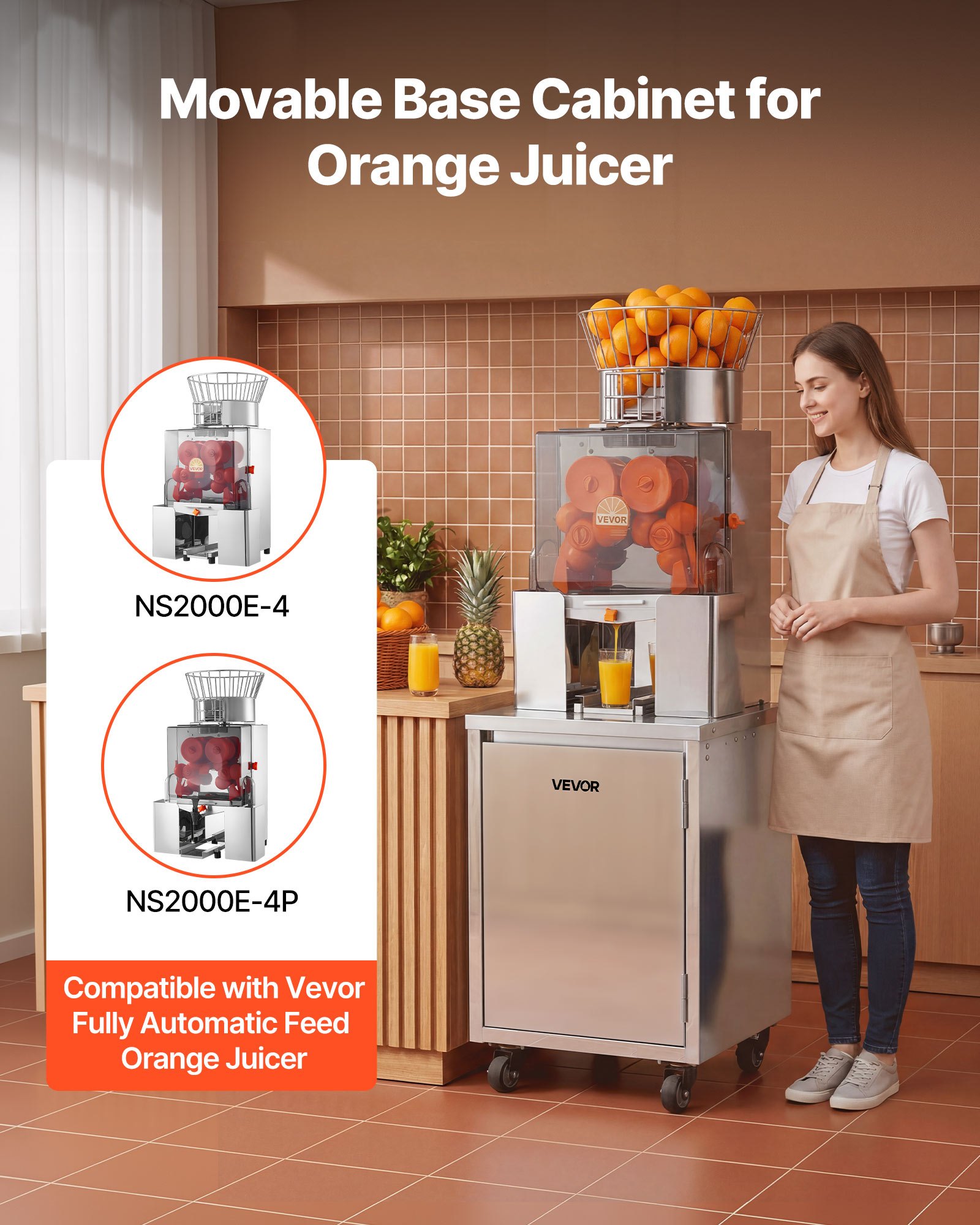 VEVOR Movable Base Cabinet for Orange Juicer, Thickened Stainless Steel Cabinet, 4 Swivel Casters, Compatible with VEVOR NS2000E-4\NS2000E-4P Fully Automatic Feed Orange Juicer, Easy Installation