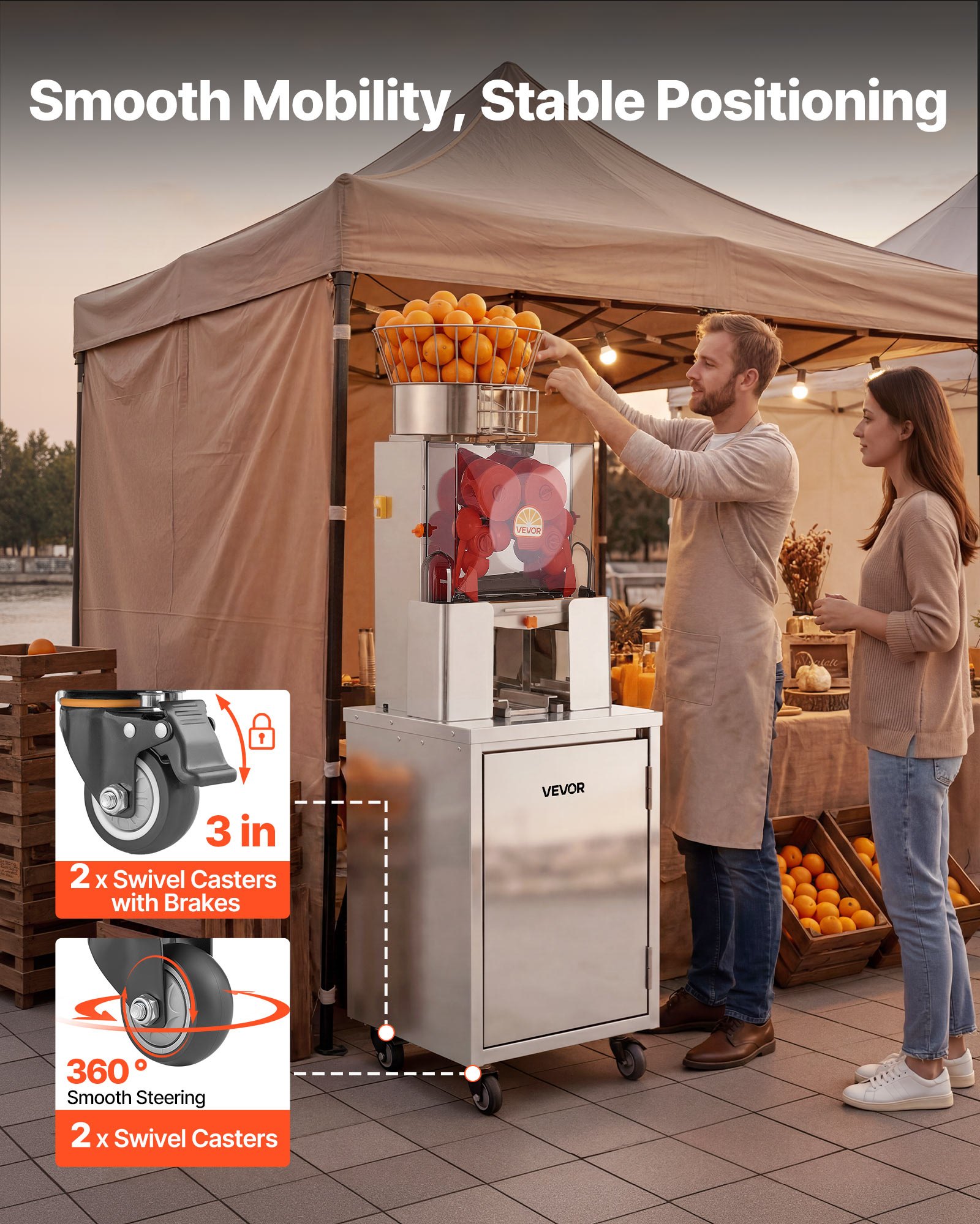 VEVOR Movable Base Cabinet for Orange Juicer, Thickened Stainless Steel Cabinet, 4 Swivel Casters, Compatible with VEVOR NS2000E-4\NS2000E-4P Fully Automatic Feed Orange Juicer, Easy Installation
