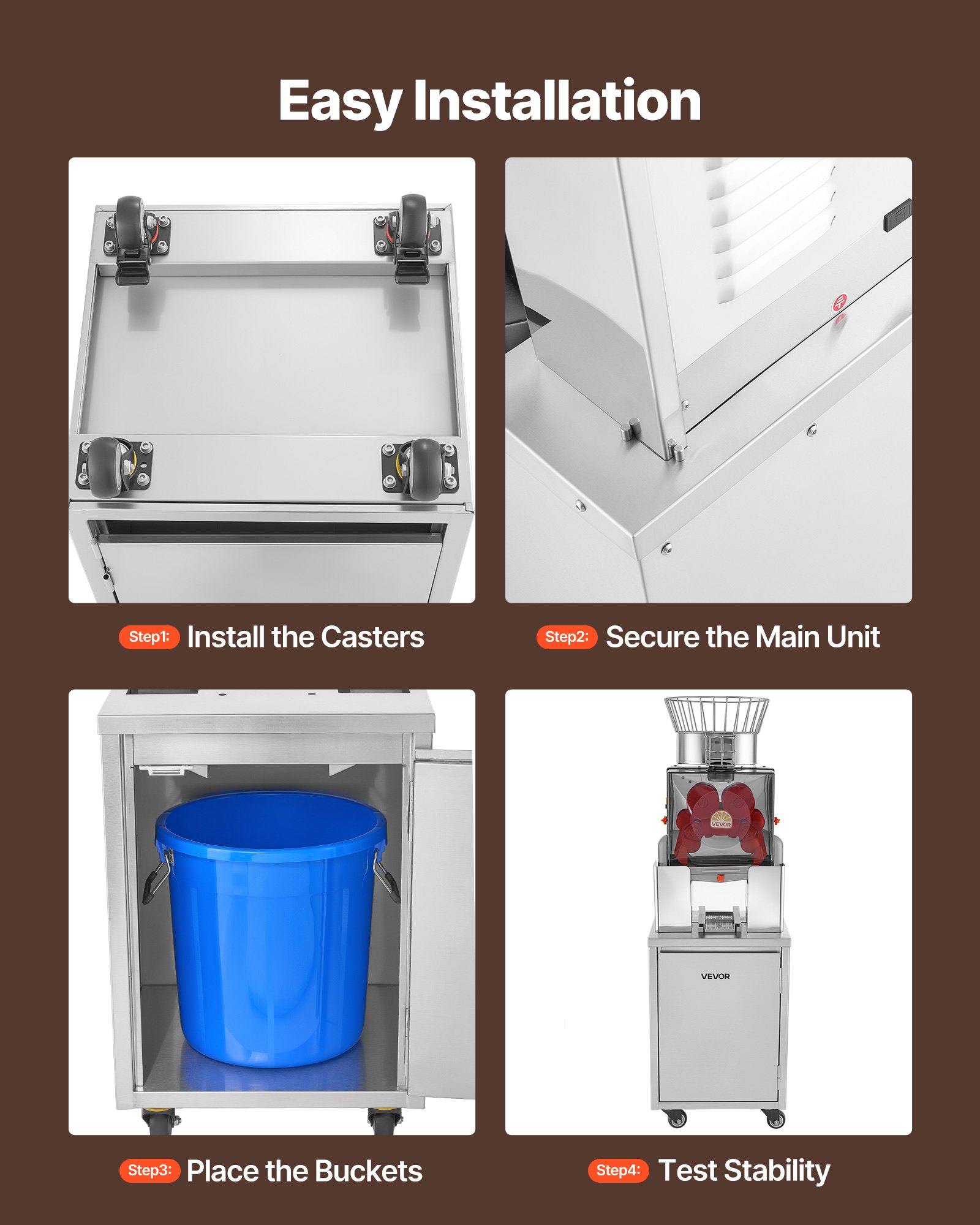 VEVOR Movable Base Cabinet for Orange Juicer, Thickened Stainless Steel Cabinet, 4 Swivel Casters, Compatible with VEVOR NS2000E-4\NS2000E-4P Fully Automatic Feed Orange Juicer, Easy Installation