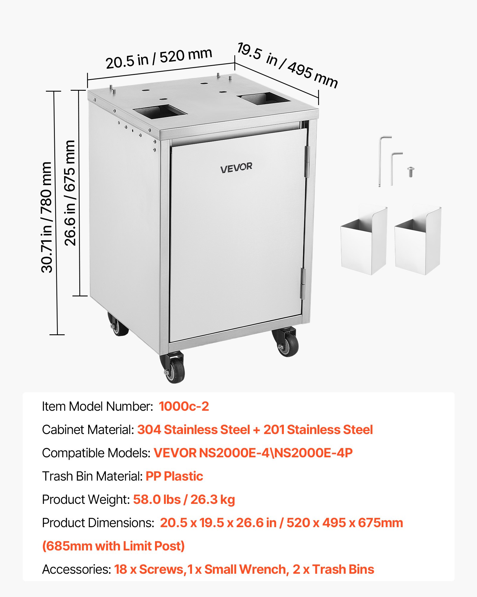 VEVOR Movable Base Cabinet for Orange Juicer, Thickened Stainless Steel Cabinet, 4 Swivel Casters, Compatible with VEVOR NS2000E-4\NS2000E-4P Fully Automatic Feed Orange Juicer, Easy Installation