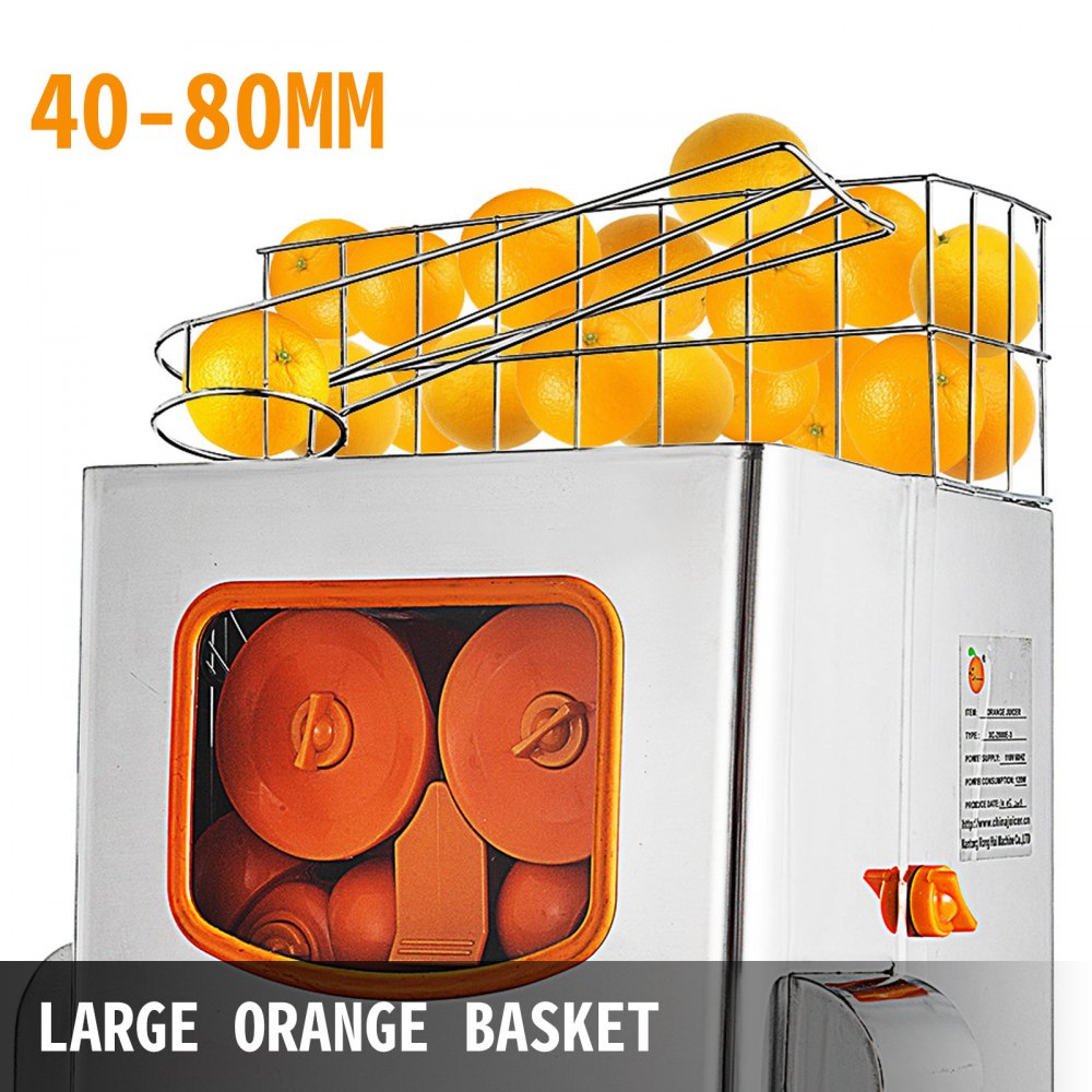 VEVOR Máquina exprimidora comercial, extractor de jugo de 110 V, exprimidor de naranja de 120 W para 22-30 por minuto, máquina eléctrica de jugo de naranja con caja de filtro extraíble, cubierta inoxidable de tanque SUS 304 y dos cubos