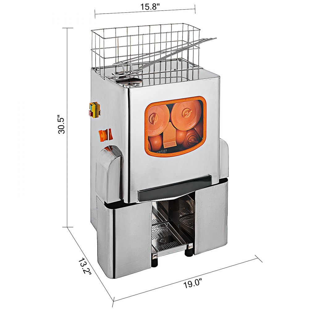 VEVOR Máquina exprimidora comercial, extractor de jugo de 110 V, exprimidor de naranja de 120 W para 22-30 por minuto, máquina eléctrica de jugo de naranja con caja de filtro extraíble, cubierta inoxidable de tanque SUS 304 y dos cubos