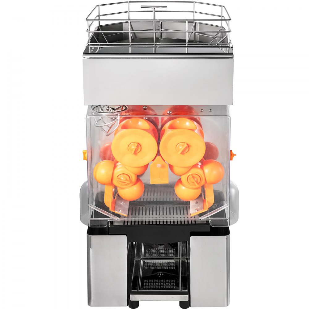 Exprimidor comercial VEVOR, extractor de jugo automático de 110 V, 120 W, capacidad de 20 a 30 zumos por minuto, con caja de filtro extraíble, tanque SUS 304, cubierta de PP y dos cubos recolectores de cáscara.