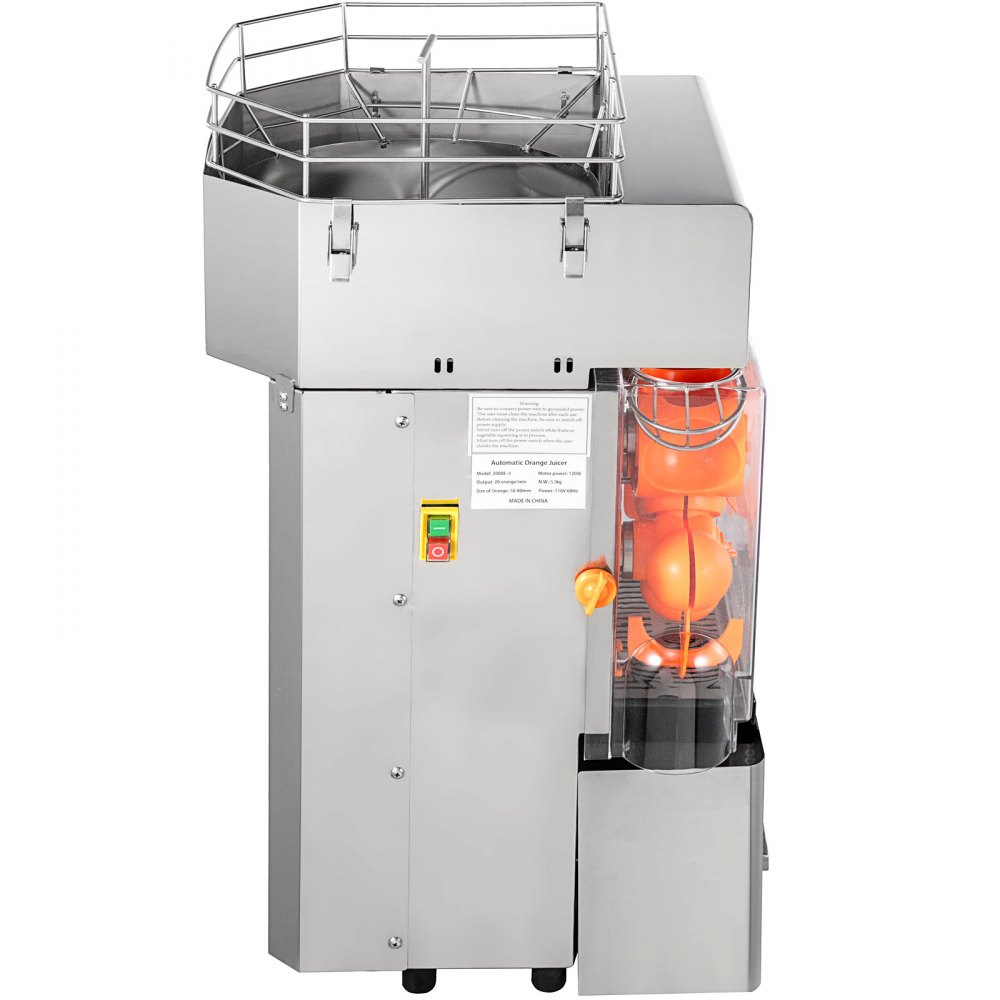 Exprimidor comercial VEVOR, extractor de jugo automático de 110 V, 120 W, capacidad de 20 a 30 zumos por minuto, con caja de filtro extraíble, tanque SUS 304, cubierta de PP y dos cubos recolectores de cáscara.