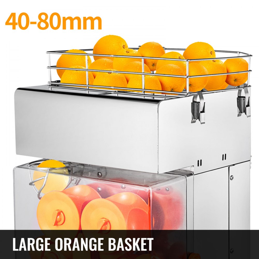 Exprimidor comercial VEVOR, extractor de jugo automático de 110 V, 120 W, capacidad de 20 a 30 zumos por minuto, con caja de filtro extraíble, tanque SUS 304, cubierta de PP y dos cubos recolectores de cáscara.