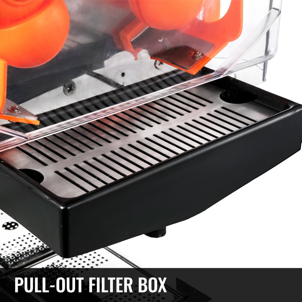 Exprimidor comercial VEVOR, extractor de jugo automático de 110 V, 120 W, capacidad de 20 a 30 zumos por minuto, con caja de filtro extraíble, tanque SUS 304, cubierta de PP y dos cubos recolectores de cáscara.