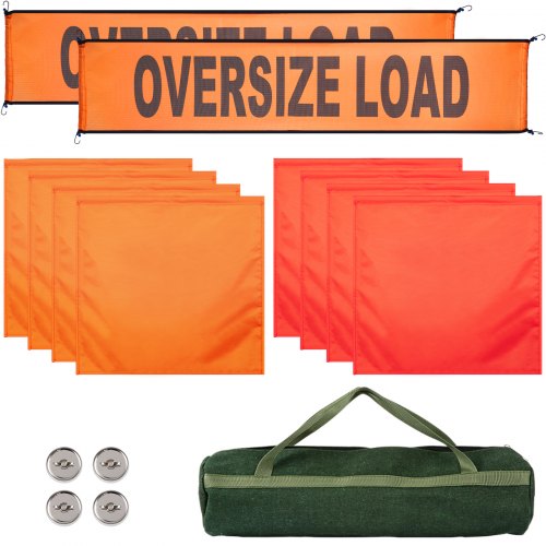 VEVOR Oversized Load Banner, 2pcs 18"x84" Oversize Banner & 8pcs 18"x18" Fluorescent Flag, Oversize Load Sign with Heavy Duty Metal Hooks, Wide Load Banner Signs with Stretch Cord Mesh for Trucks