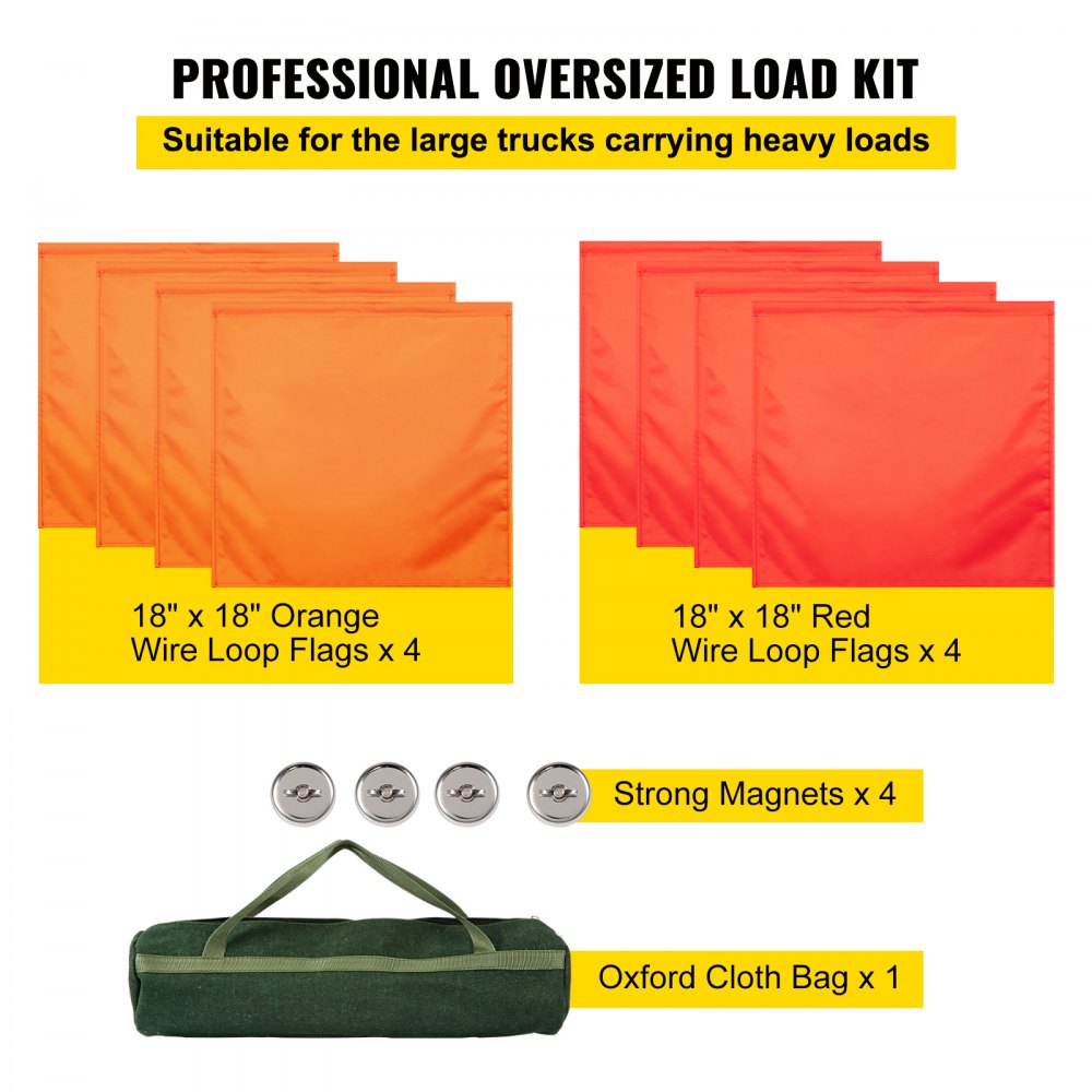 VEVOR Oversized Load Banner, Oversize Banner with 18 Inch x 18 Inch Fluorescent Flags, Oversize Sign with Heavy Duty Metal Hooks, Wide Load Signs for Trucks, Wide Load Banner with Stretch Cord Mesh